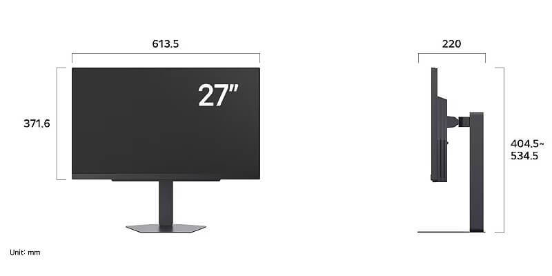 תרשים עיצוב במבט קדמי וצדי של מסך הגיימינג LG 27G810A-B