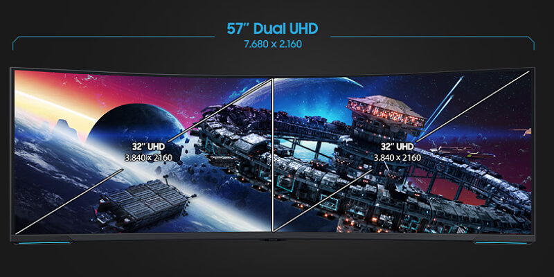 תצוגת Samsung Dual-UHD בגודל 57 אינץ בהשוואה לשני מסכי UHD בגודל 32 אינץ