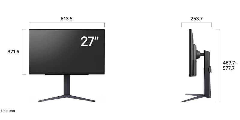 תרשים עיצוב במבט קדמי וצדי של מסך הגיימינג LG 27GS85Q-B