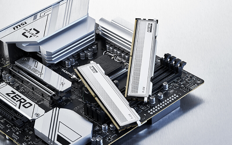 KLEVV FIT V White DDR5 memory installed on a desktop motherboard