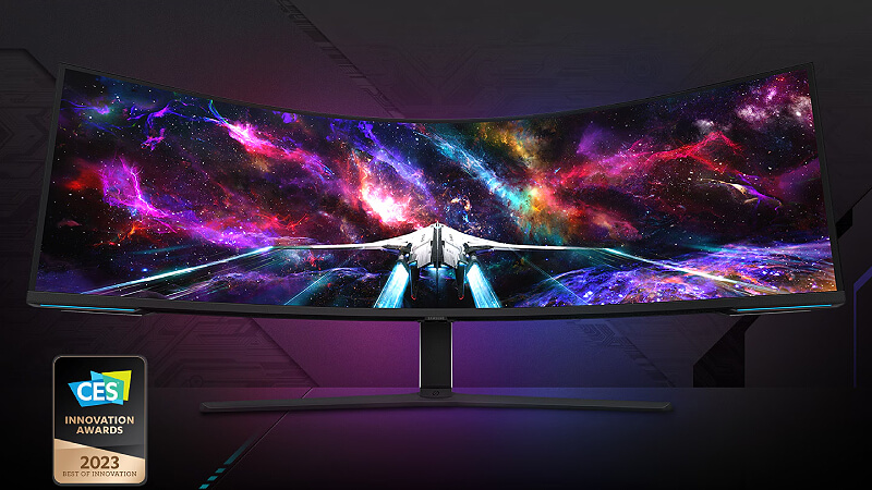 מסך הגיימינג הקעור Samsung בגודל 57 אינץ וברזולוציית Dual-UHD