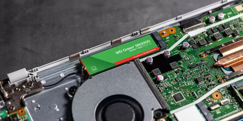 WD Green SN3000 M.2 NVMe SSD installed in a compatible laptop