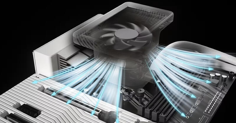 Corsair iCUE Link 5 inch LCD Screen Module White integrated fan directing airflow around the CPU socket