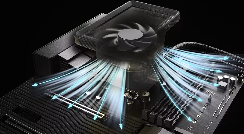 Corsair iCUE Link 5 inch LCD Screen Module integrated fan directing airflow around the CPU socket