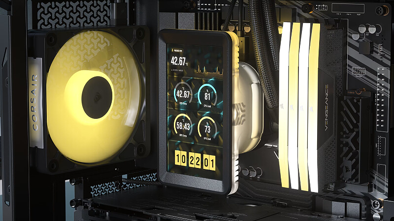 Corsair iCUE Link 5 inch LCD Screen Module Black installed in a PC and displaying system information