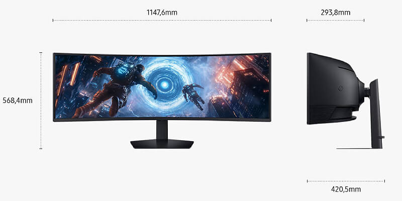 מבט קדמי וצדי על Samsung Odyssey G9 G91F