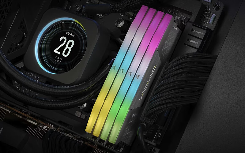 מודולי זיכרון Corsair Vengeance RGB DDR5 עם תאורת RGB צבעונית הניתנת להתאמה אישית בתוך מחשב נייח
