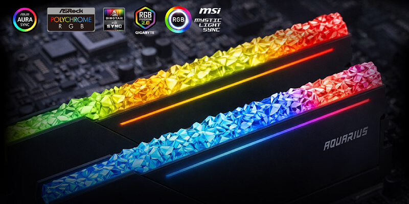 מודולי GeIL AQUARIUS RGB Diamond עם תאורה צבעונית וסמלי תוכנות RGB תואמות של יצרני לוחות אם