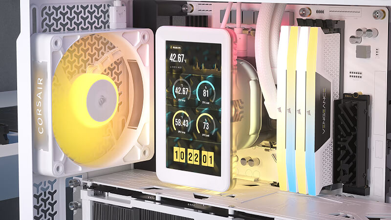 Corsair iCUE Link 5 inch LCD Screen Module White installed in a PC and displaying system information
