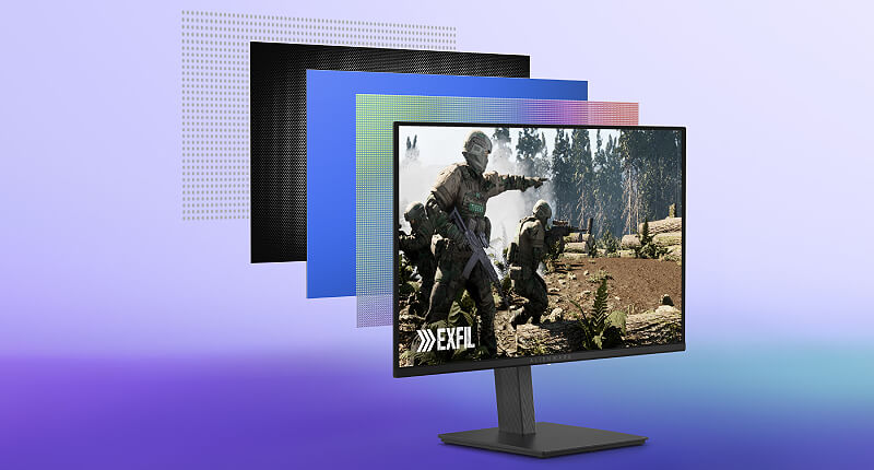 המחשת מבנה השכבות וטכנולוגיית התצוגה QD-OLED במסך Alienware AW2726DM